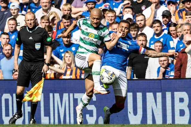 Rangers' James Tavernier and Celtic's Daizen Maeda in action during the first Old Firm derby this season.