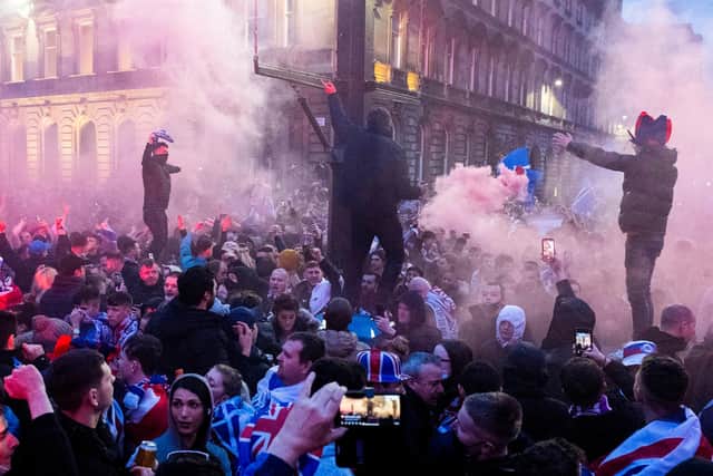 Rangers fans gather at George Square after their team clinch the Scottish Premiership crown. Picture: SNS