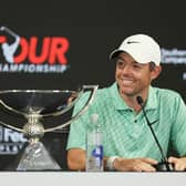 Rory McIlroy celebrates winning the FedEx Cup in his post round press conference after the final round of the Tour Championship at East Lake Golf Club in Atlanta. Picture: Sam Greenwood/Getty Images.