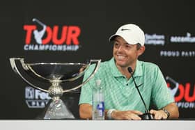 Rory McIlroy celebrates winning the FedEx Cup in his post round press conference after the final round of the Tour Championship at East Lake Golf Club in Atlanta. Picture: Sam Greenwood/Getty Images.