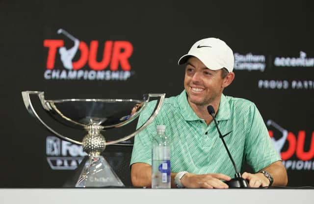 Rory McIlroy celebrates winning the FedEx Cup in his post round press conference after the final round of the Tour Championship at East Lake Golf Club in Atlanta. Picture: Sam Greenwood/Getty Images.