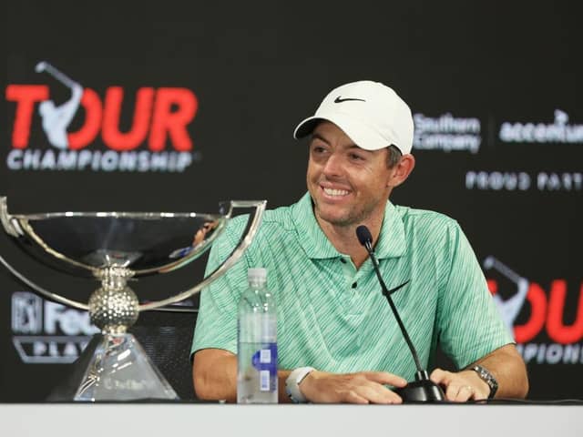Rory McIlroy celebrates winning the FedEx Cup in his post round press conference after the final round of the Tour Championship at East Lake Golf Club in Atlanta. Picture: Sam Greenwood/Getty Images.