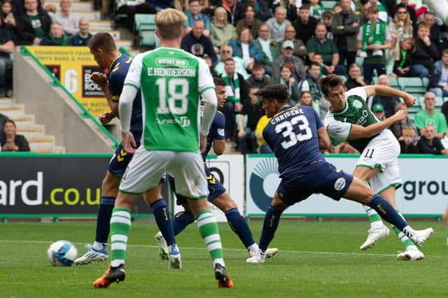 Joe Newell fires home Hibs' winner after just 12 minutes.