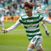Celtic's Kyogo Furuhashi celebrates his first goal in front of the club's home support on an afternoon wen he dazzled  with a hat-trick in 6-0  dismantling  of Dundee. (Photo by Craig Williamson / SNS Group)