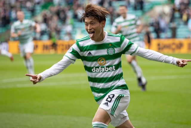 Celtic's Kyogo Furuhashi celebrates his first goal in front of the club's home support on an afternoon wen he dazzled with a hat-trick in 6-0 dismantling of Dundee. (Photo by Craig Williamson / SNS Group)