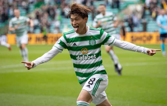 Celtic's Kyogo Furuhashi celebrates his first goal in front of the club's home support on an afternoon wen he dazzled with a hat-trick in 6-0 dismantling of Dundee. (Photo by Craig Williamson / SNS Group)