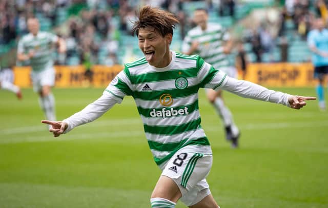 Celtic's Kyogo Furuhashi celebrates his first goal in front of the club's home support on an afternoon wen he dazzled  with a hat-trick in 6-0  dismantling  of Dundee. (Photo by Craig Williamson / SNS Group)