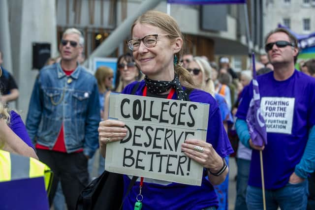 PIC LISA FERGUSON  07/09/2023. College lecturers protest outside the Scottish Parliament.