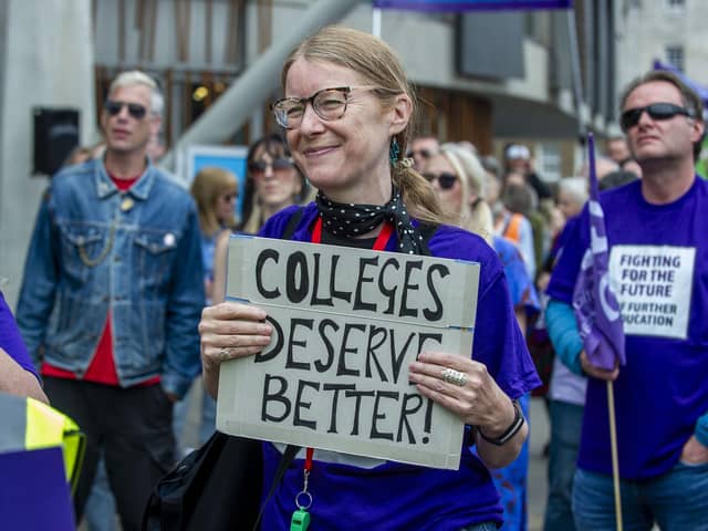 PIC LISA FERGUSON  07/09/2023. College lecturers protest outside the Scottish Parliament.