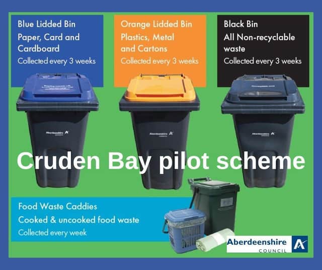 The new blue-lidded and orange-lidded bins are now being delivered to households in Cruden Bay.