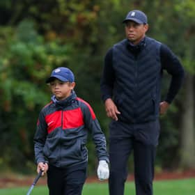 Charlie and Tiger Woods during a practice round ahead of this weekend's PNC Championship in Orlando, Florida. Picture: PNC Championship/José María Sáiz Vasconcelos