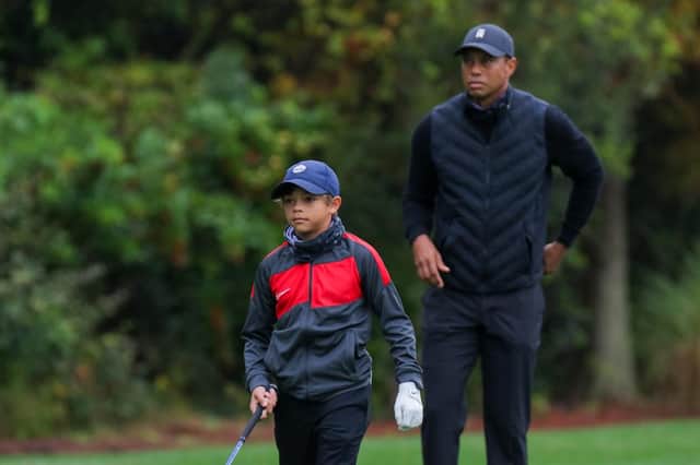 Charlie and Tiger Woods during a practice round ahead of this weekend's PNC Championship in Orlando, Florida. Picture: PNC Championship/José María Sáiz Vasconcelos