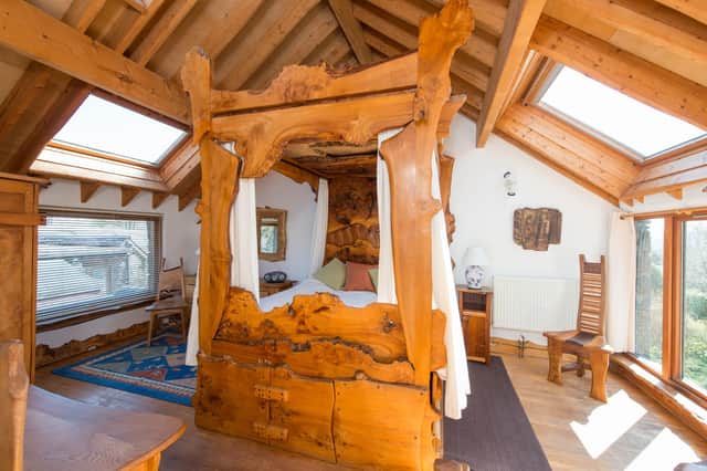 This unique four-poster bed, hand-crafted by sculptor and furniture-maker Tim Stead, is just one of the marvels in the Steading