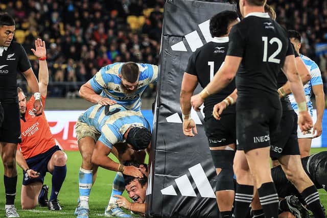 Argentina's Agustin Creevy (bottom) celebrates scoring a try during the Rugby Championship win over New Zealand at Sky Stadium in Wellington on August 10, 2024. (Photo by Grant Down / AFP via Getty Images)
