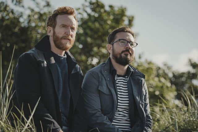 Pictured: Tony Curran as Tully and Martin Compston as Jimmy in the 2022 BBC TV adaptation of Andrew O'Hagan's novel Mayflies. Pic: PA Photo/BBC/© Synchronicity Films/Jamie Simpson.