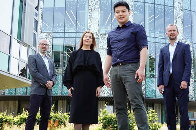 From left: Andrew McNeill of Eos Advisory, and Nicola Broughton, Richard Kuo and John Duncan of Wobble Genomics. Picture: Stewart Attwood.