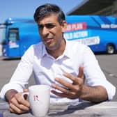 Rishi Sunak speaks to the media at the launch of the Conservative campaign bus at Redcar Racecourse. Photo: Jonathan Brady/PA Wire