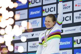 Neah Evans taking the victory at the 2022 Tissot UCI Track World Championships (Alex Whitehead/SWpix.com).