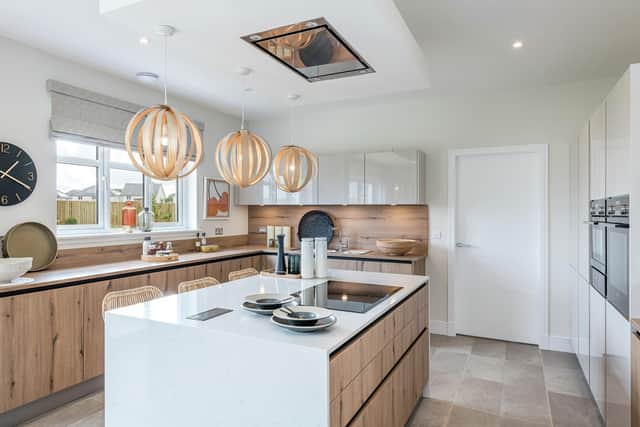 A closer look at the design’s kitchen quarters with its island to the fore. Image: Chris Humphreys Photography Ltd