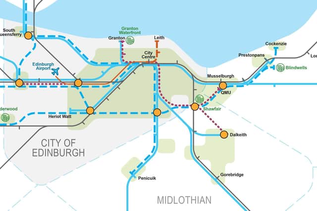Tram lines from Granton to Dalkeith and Musselburgh (purple dots) are included in Transport Scotland's Strategic Transport Projects Review 2. Picture: Transport Scotland