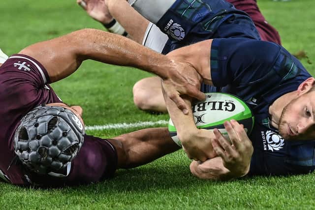 Rory Hutchinson in try-scoring form for Scotland against Georgia in Tbilisi in 2019. (Photo by Vano Shlamov / AFP via Getty Images)