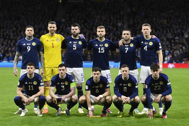 The Scotland team line up ahead of the match against Spain at Hampden.