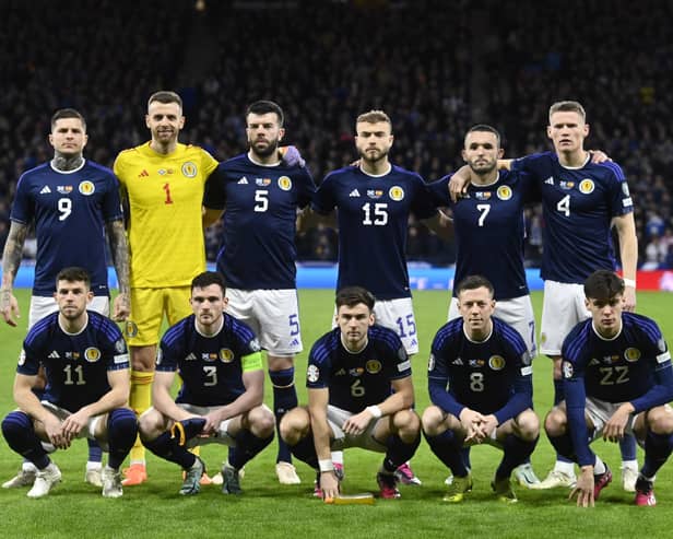 The Scotland team line up ahead of the match against Spain at Hampden.