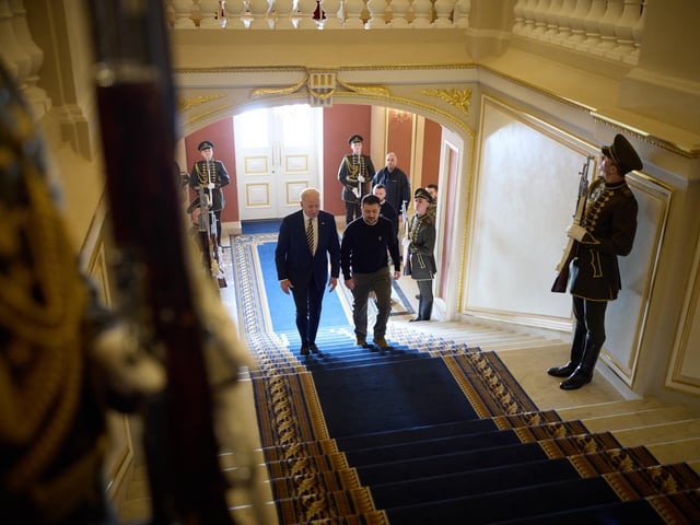 Volodymyr Zelensky welcoming US President Joe Biden to Kyiv, Ukraine. President Biden has made an unannounced visit to Ukraine in a gesture of solidarity days before the one-year anniversary of Russia's invasion of the country. Picture date: Monday February 20, 2023.