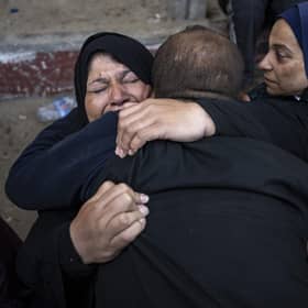 Palestinians in the hospital in Khan Younis mourn relatives killed in the Israeli bombardment of the Gaza Strip. Picture: Fatima Shbair/AP