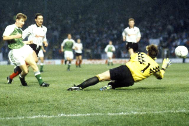 Keith Wright scores for Hibs in the Skol Cup final.