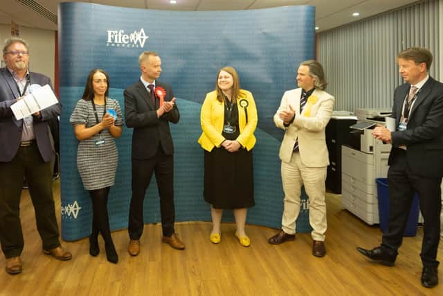 Lynda Holton (centre) is declared the winner in the Glenrothes Central and Thornton by-election (Pic: Fife Council)