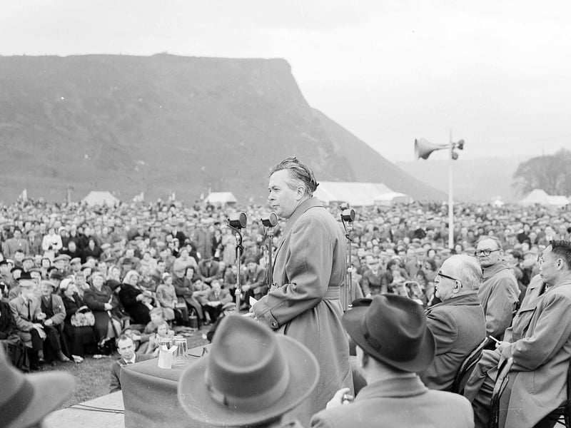 Labour MP Harold Wilson speaking to the crowds at the Miners' Day Rally in Holyrood Park in 1955.