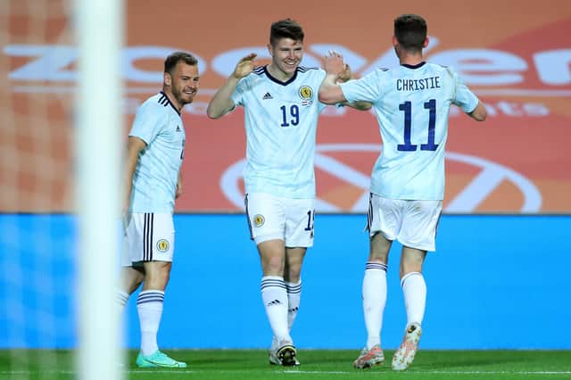 Kevin Nisbet celebrates after scoring his first Scotland goal in the 2-2 draw with Netherlands in Faro, Portugal. (Photo by Fran Santiago/Getty Images)