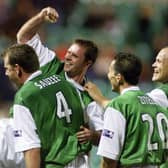 Hibs celebrate their 6-2 win over Hearts in 2000.