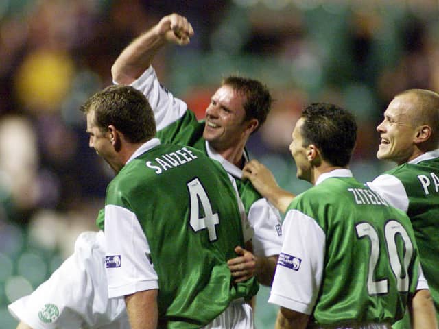 Hibs celebrate their 6-2 win over Hearts in 2000.