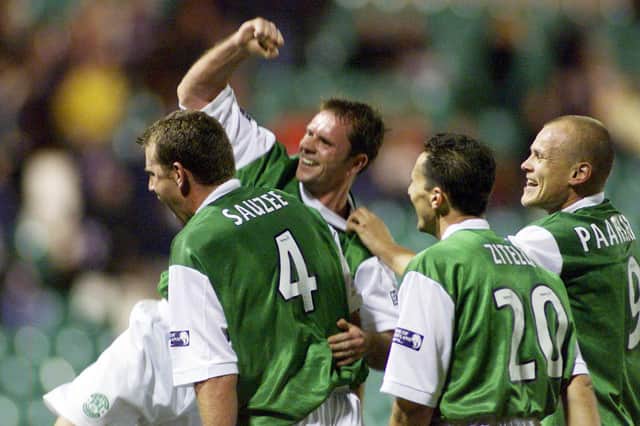 Hibs celebrate their 6-2 win over Hearts in 2000.