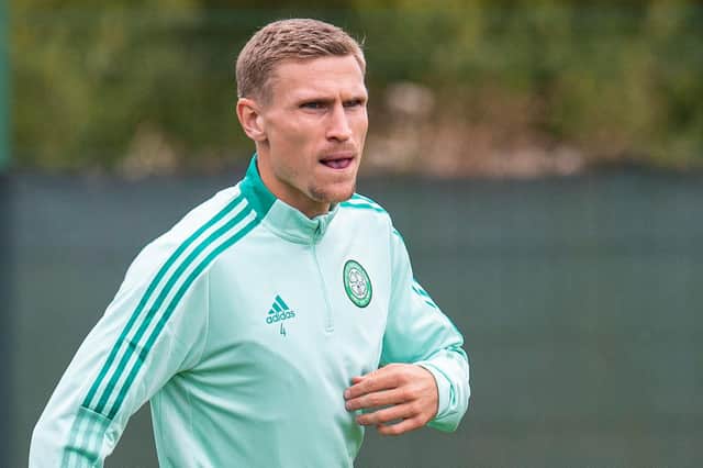 Carl Starfelt during a Celtic training session at Lennoxtown.
