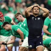 Scotland's inside centre Sione Tuipulotu reacts during the defeat to Ireland at the Rugby World Cup. (Photo by FRANCK FIFE/AFP via Getty Images)