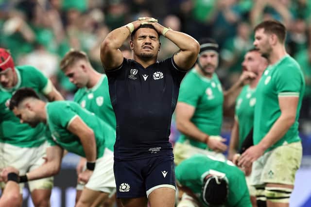 Scotland's inside centre Sione Tuipulotu reacts during the defeat to Ireland at the Rugby World Cup. (Photo by FRANCK FIFE/AFP via Getty Images)