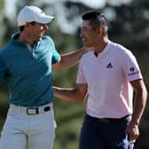 AUGUSTA, GEORGIA - APRIL 10: Rory McIlroy of Northern Ireland (L) and Collin Morikawa celebrate on the 18th green after finishing their round during the final round of the Masters at Augusta National Golf Club on April 10, 2022 in Augusta, Georgia. (Photo by Gregory Shamus/Getty Images)