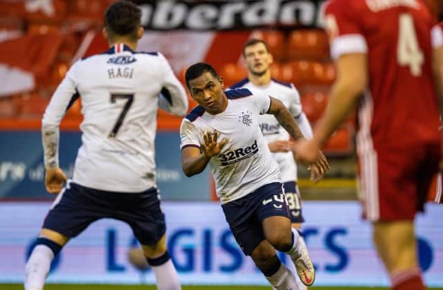 Alfredo Morelos celebrates making it 1-0 during a Scottish Premiership match between Aberdeen and Rangers at Pittodrie, on January 10, 2021, in Aberdeen, Scotland. (Photo by Craig Williamson / SNS Group)