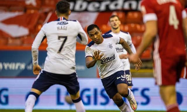 Alfredo Morelos celebrates making it 1-0 during a Scottish Premiership match between Aberdeen and Rangers at Pittodrie, on January 10, 2021, in Aberdeen, Scotland. (Photo by Craig Williamson / SNS Group)