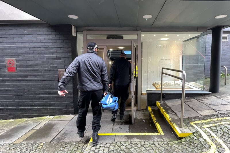 Officers from Police Scotland entering the headquarters of the SNP in Edinburgh following the arrest of former chief executive Peter Murrell.
