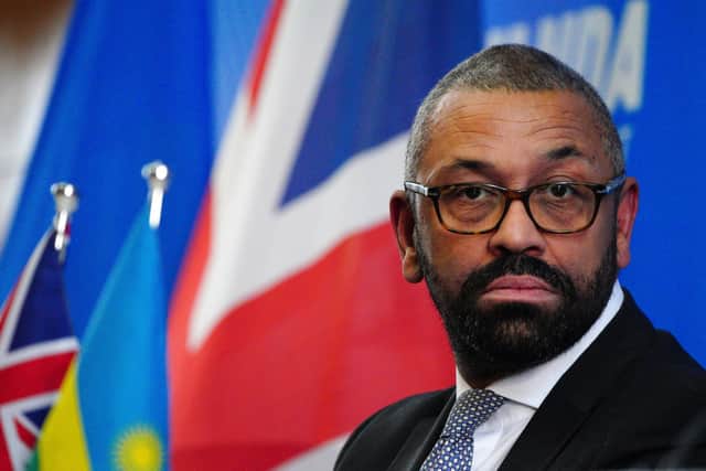 Home Secretary James Cleverly during a press conference with Rwandan Minister of Foreign Affairs Vincent Biruta after the signing of a new treaty in Kigali