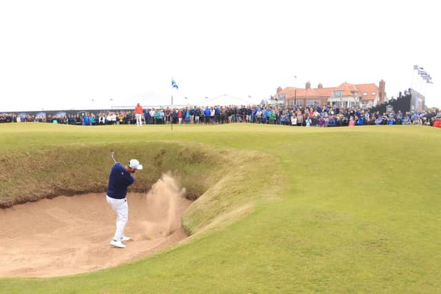 Jon Rahm was delighted to save par from a bunker at the ninth - his closing hole - in the second round of the abrdn Scottish Open at The Renaissance Club. Picture: Andrew Redington/Getty Images.