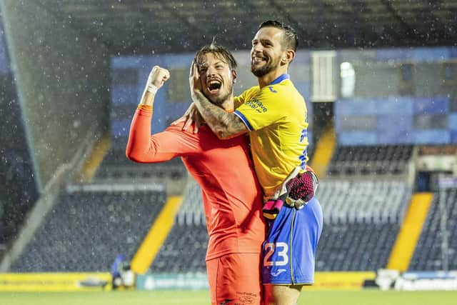 Kevin Dabrowski celebrates with Raith team-mate Dylan Easton after the penalty shoot-out win over Kilmarnock in the Viaplay Cup group stages. (Photo by Roddy Scott / SNS Group)