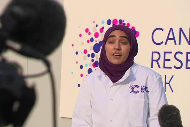 Mahnoor Mahmood, who is doing a PhD in cancer sciences at the University of Glasgow, being interviewed by STV. Picture: contributed.