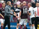 Robbie Neilson and Scott Brown argue at full-time at Tynecastle.