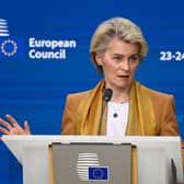 European Commission President Ursula von der Leyen holds a  press conference during a European Union summit, at the EU headquarters in Brussels last month