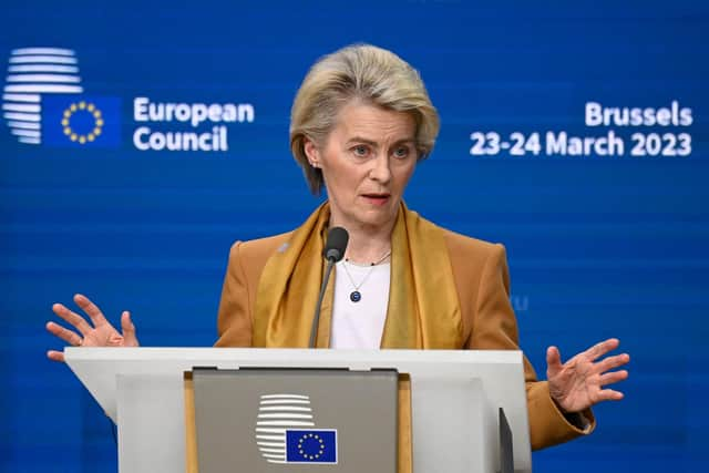 European Commission President Ursula von der Leyen holds a  press conference during a European Union summit, at the EU headquarters in Brussels last month